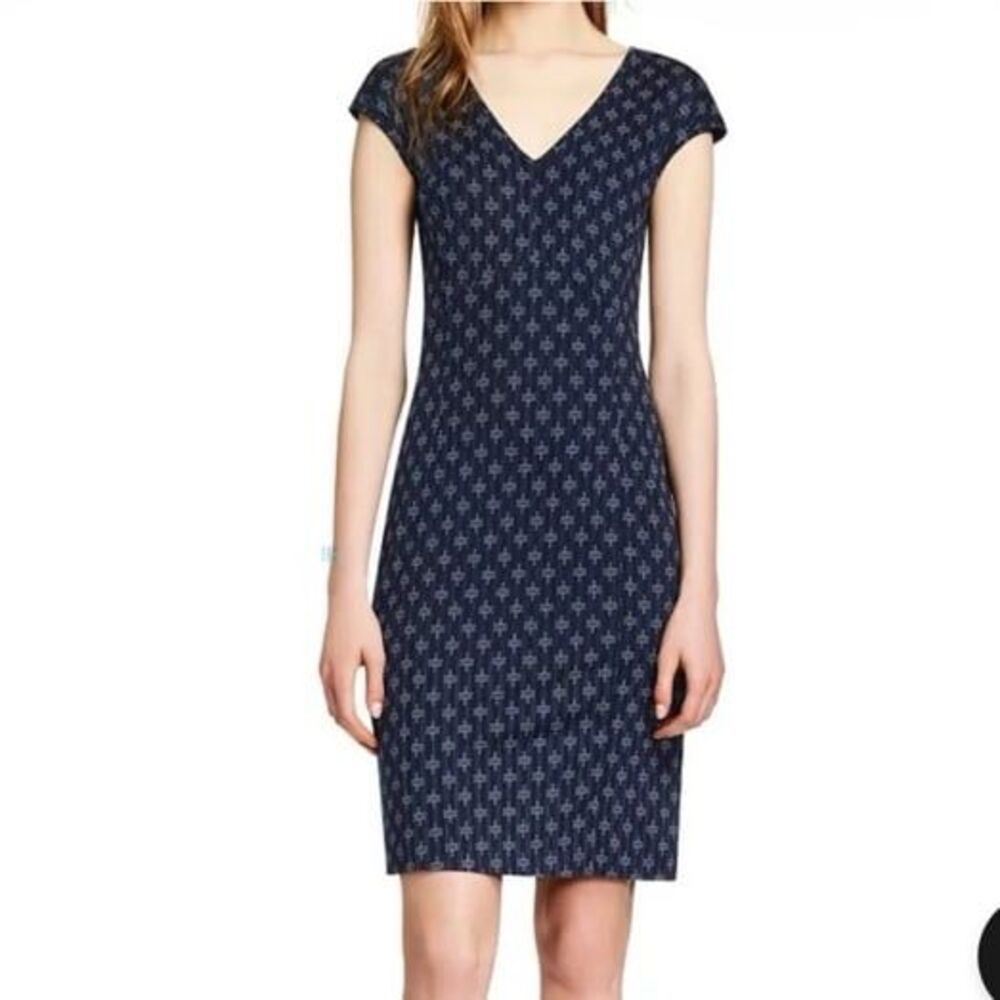 Tory Burch 100% Silk Libby Dress Pinstripe Logo Print Navy Blue Cap Sleeve Large